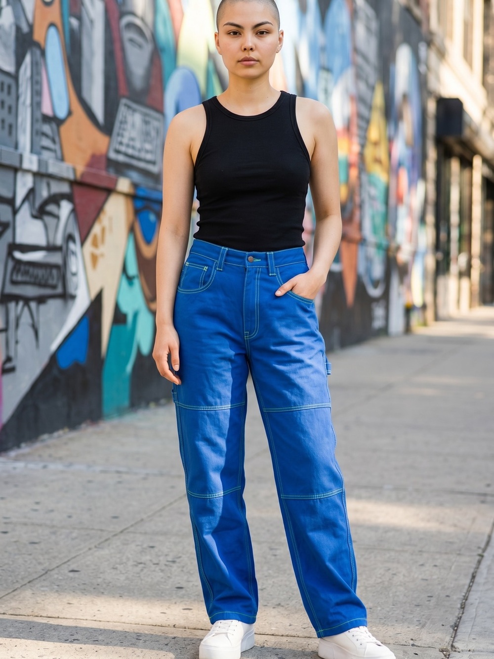 True Blue Denim Painters Pants with neon green Stitching